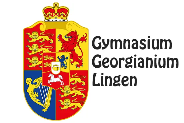 Wappen des Gymnasiums Georgianium Lingen mit Krone, Löwen, Pferd und Harfe, daneben der Name der Schule.
