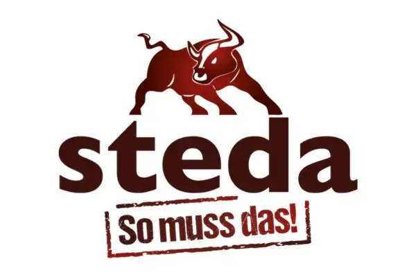 Steda GmbH Logo-Homepage: Stylized bull above "steda" text and "So muss das!" in a stamp, for Partnerslider.