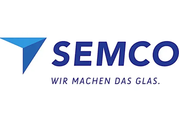 Semco Semco Logo: Blauer Schriftzug und dreieckiges Symbol. Partnerslider mit Top-Margin für Glasprodukte.