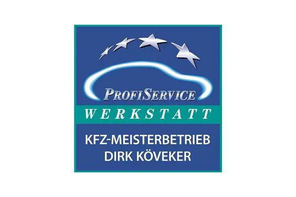 KFZ Betrieb Köveker Logo KFZ-Betrieb Köveker: Profi Service Werkstatt, KFZ-Meisterbetrieb mit Auto-Silhouette und Sternen.