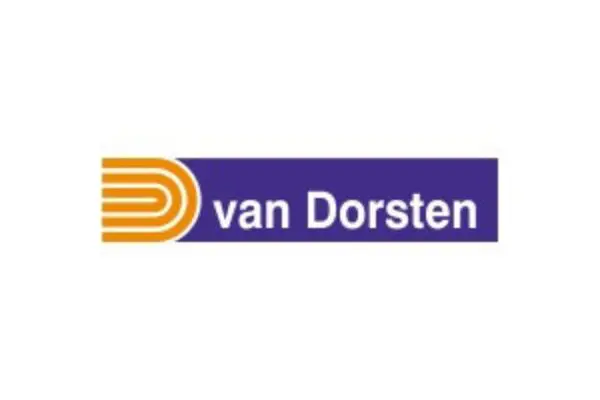 Logo van Dorsten: Abstraktes, orangefarbenes Symbol und Schriftzug "van Dorsten" auf blauem Hintergrund.