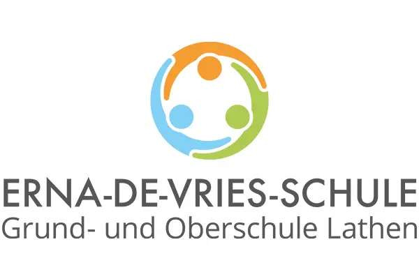 Erna-de-Vries Das Logo der Erna-de-Vries-Schule: Drei stilisierte Figuren in Orange, Blau und Grün halten sich an den Händen.