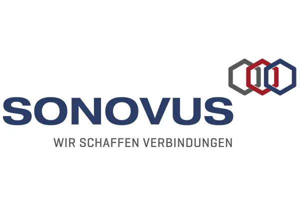 Sonvos_Homepage Sonovus Homepage: Unternehmenslogo mit Schriftzug "Wir schaffen Verbindungen" und drei miteinander verbundenen Hexagonen in Grau, Rot und Blau.