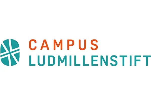 Campus_Ludmillenstift_Homepage Campus Ludmillenstift Logo: Abstraktes Symbol und Schriftzug in Orange und Türkis. Homepage Startseite.