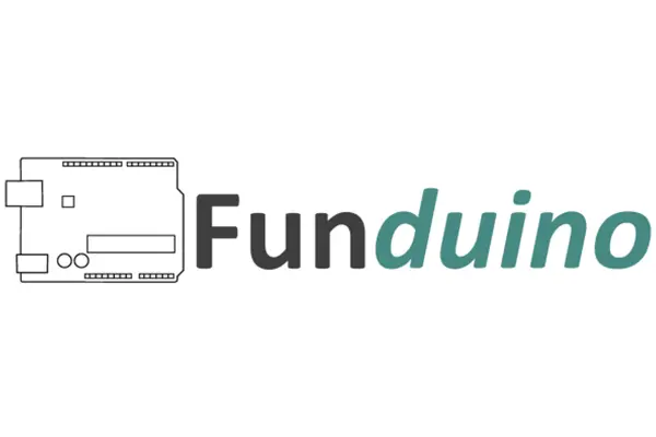 Funduino Logo mit einer technischen Umrisszeichnung eines Mikrocontrollers und dem Schriftzug auf weißem Grund.